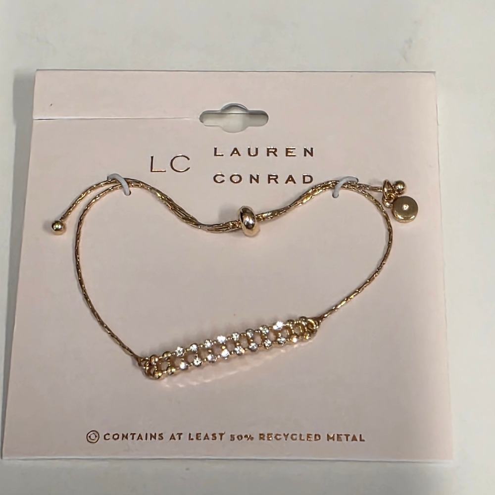LC Lauren Conrad Gold Tone Crystal Bar Adjustable Bolo Slider Bracelet NEW